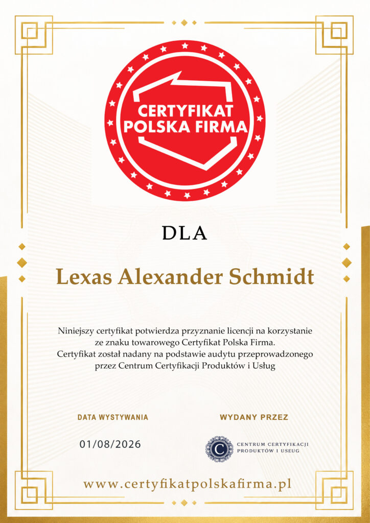 Dyplom Certyfikat Polska Firma — LEXAS Alexander Schmidt