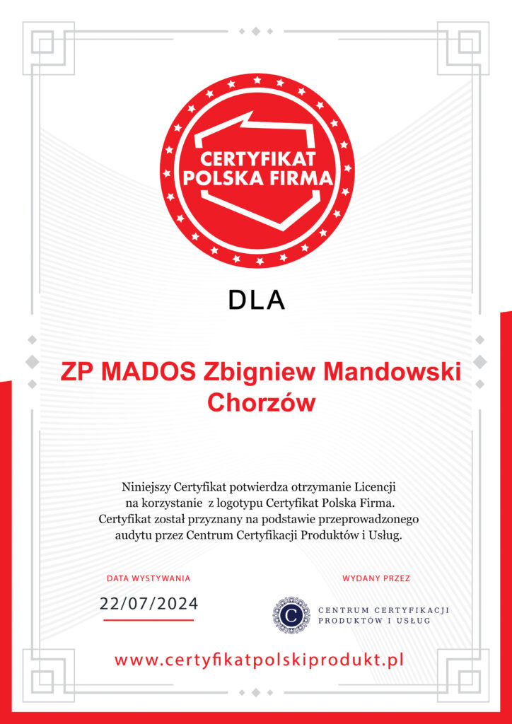 Dyplom Certyfikat Polski Produkt — ZP MADOS ZBIGNIEW MANDOWSKI