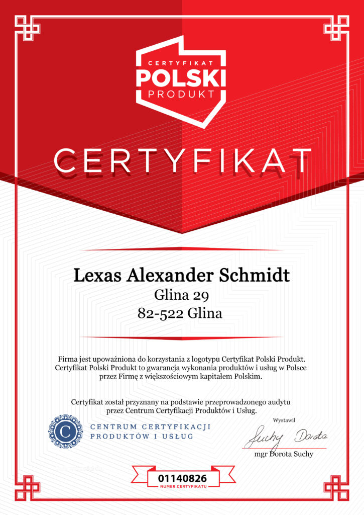 Dyplom Certyfikat Polski Produkt — LEXAS Alexander Schmidt