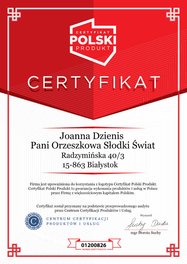 Dyplom Certyfikat Polska Firma — Joanna Dzienis Pani Orzeszkowa Słodki Świat