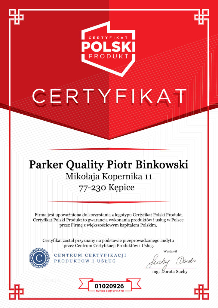 Dyplom Certyfikat Polski Produkt — PARKER QUALITY PIOTR BINKOWSKI